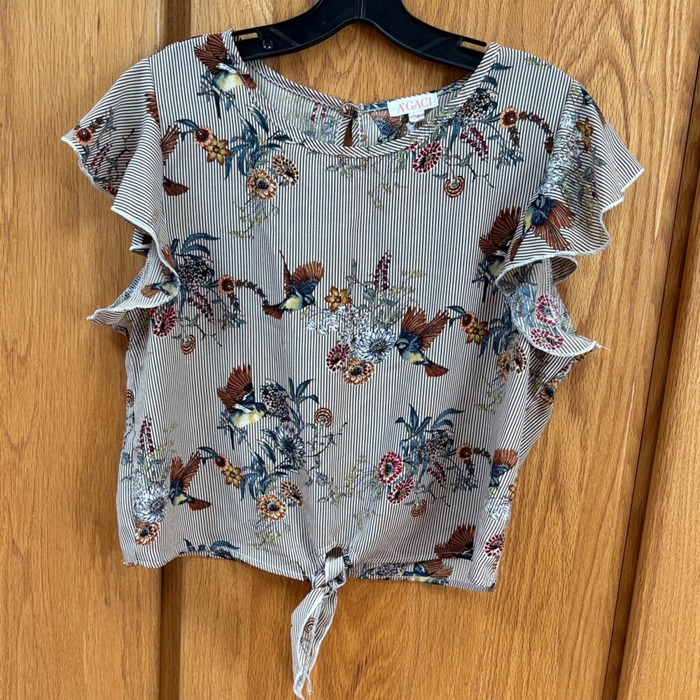 A’Gaci Pinstripe Bird Floral Print Short Sleeve Tie Top Blouse M